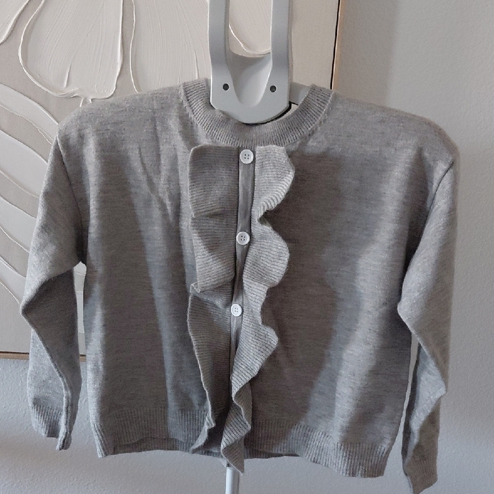 Gray Ruffle Button-Up Sweater